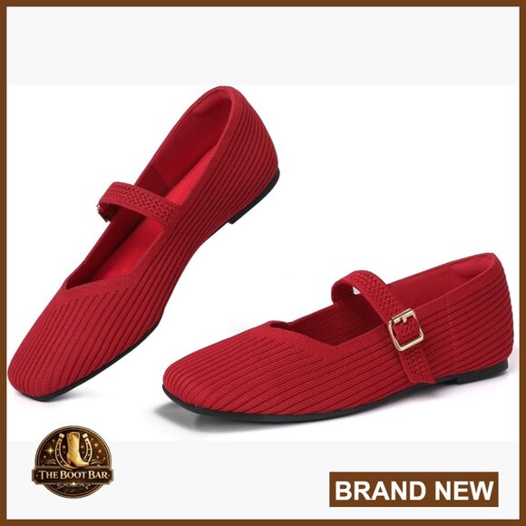 Knit Ballet Flats Square Toe Arch Support Adjustable Strap Slip On